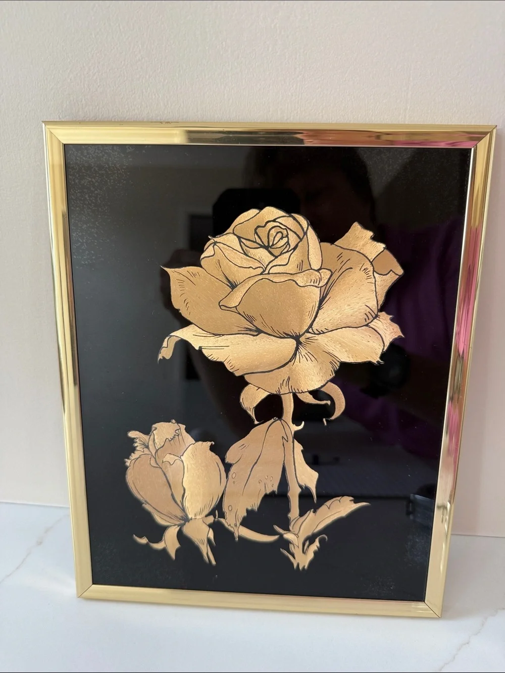 Vintage 1980s Kafka Industries Gold Foil Rose Etching Wall Art Print #2610
